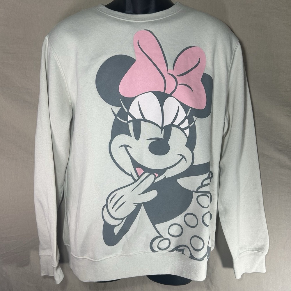 Disney Minnie Mouse Womens L Gray Pink Bow Graphic Crewneck Sweatshirt